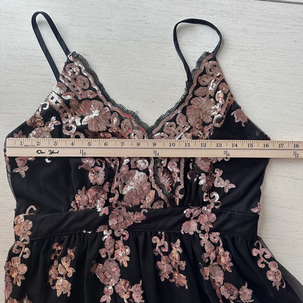 She + Sky Large NWT Black Rose Gold Sequin Maxi Dress Spaghetti Straps Elegant - Picture 12 of 15